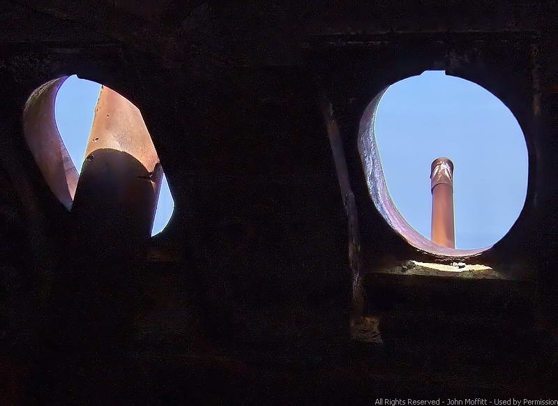 Battry Wilson - Looking out the two gun ports. The left side gun barrel of Battery Marshall is visible.