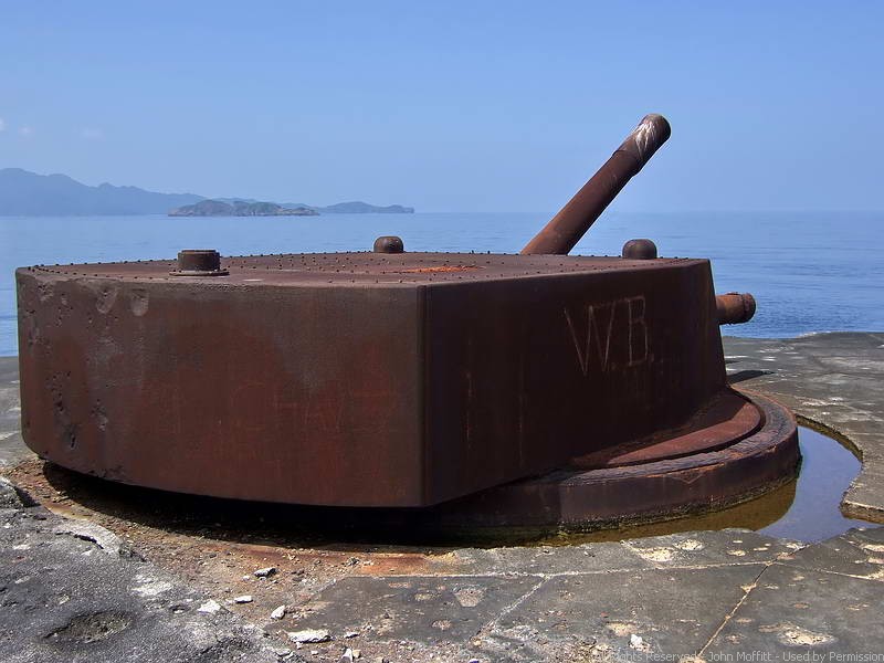 Battery Marshall  (two 14 inch turret mounted guns with a range of 20,000 yards, lower turret.) View of the province of Cavite including Carabao Island (Fort Frank.)